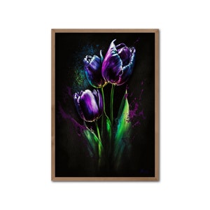 Tulips on Black 4 - Digital Art Print, AI-Generated, Watercolor Botanical Print, Purple, Wall Art, Digital Download, Home Decor, Printable