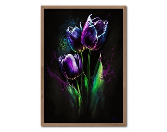 Tulips on Black 4 - Digital Art Print, AI-Generated, Watercolor Botanical Print, Purple, Wall Art, Digital Download, Home Decor, Printable