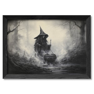 Brewing Witch Halloween Wall Art Print Printable Cauldron Dark Indoor Home Decor Painting Autumn Spooky Forest Night Charcoal