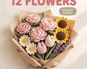 Crochet Flower Bouquet Pattern Bundle PDF, 12 Everlasting Crochet Flowers Rose Tulip Sunflower Daisy Lily Peony, Beginner Instant Download