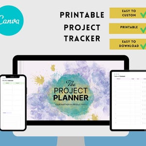 May include: Digital project planner displayed on a smartphone, tablet, and computer. The planner features a watercolor design with the text "The Project Planner" and "Printable Project Tracker". The Canva logo is in the upper left corner.