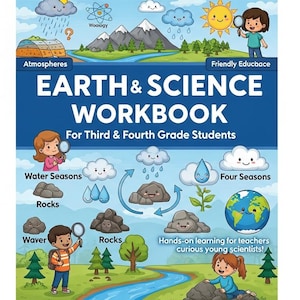 Könnte beinhalten: Ein farbenfrohes Earth & Science Arbeitsbuch für Schüler der dritten und vierten Klasse. Das Cover zeigt Illustrationen von Wetterelementen, Kindern mit Lupen und den Text "EARTH & SCIENCE WORKBOOK". Themen sind Wassersaison, Gesteine und Jahreszeiten.