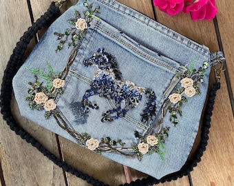 Denim Shoulder Bag With Horse and Rose Embroidery Denim Shoulder Bag With Horse and Rose Embroidery
