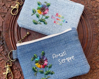 Rainbow Sunflower Coin Purse - Hand-Embroidered Coin Purse - Keychain Coin Purse - Hand-Embroidered Wallet