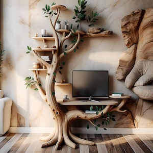 Tv-plank met boekenplank in de vorm van een boom, tv-plank van gerecycled hout