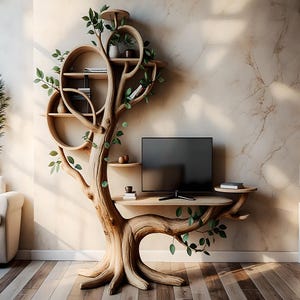 tavolino porta TV a forma di albero, ripiano in legno massello,