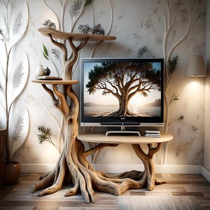 Einzigartiges TV-Regal aus Holz, baumförmiges TV-Regal aus Massivholz