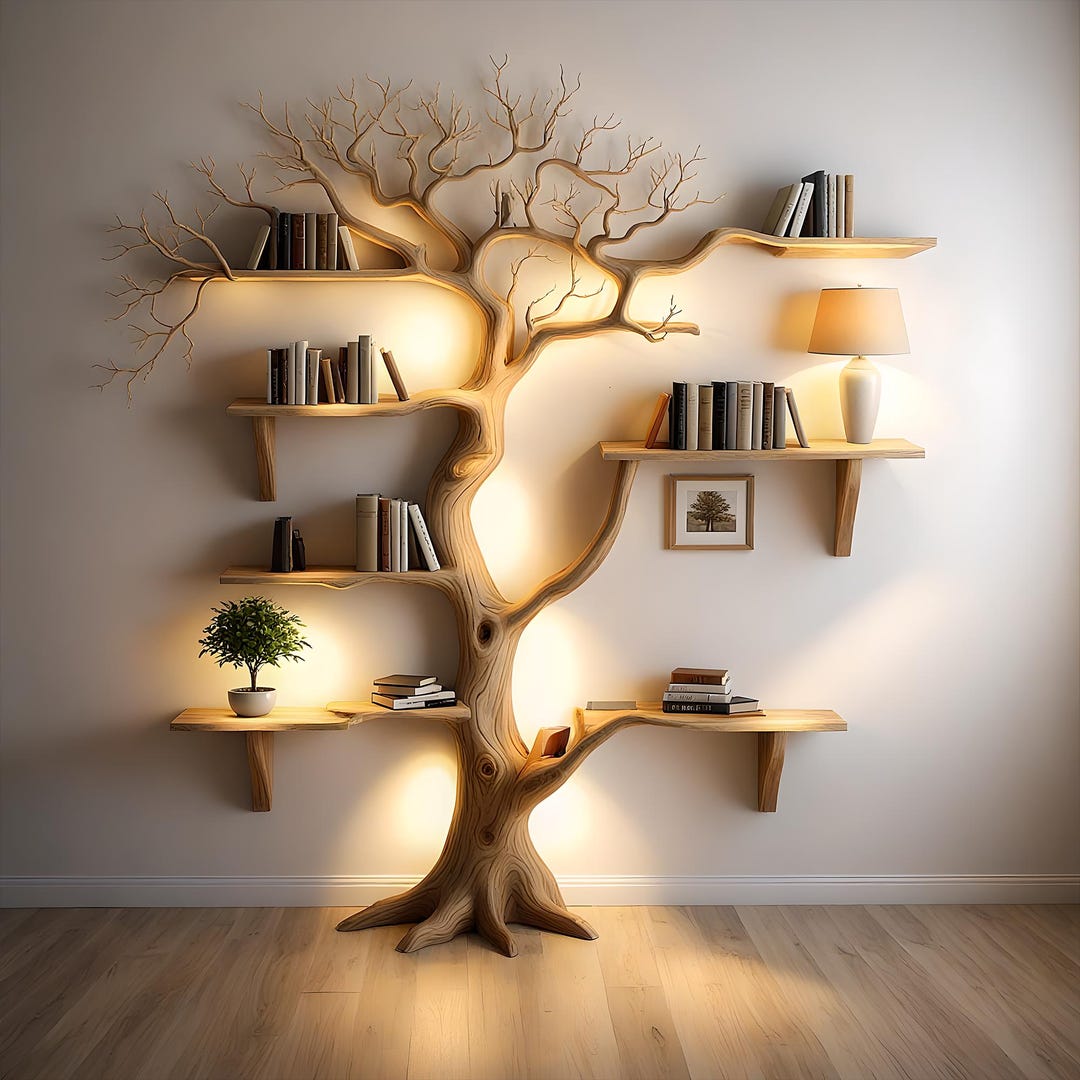 Tree Branch Shelf Fake Leave Solid Wood Bookcase Wall-mounted Corner ...