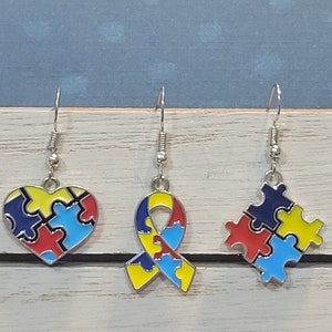 Autism Mom Earrings, Awareness Ribbon Dangles, Special Education Teacher Accessories, Therapist Gifts, Autistic Heart, Puzzle Piece Charm