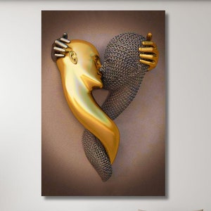 3D Effect Canvas Wall Art Couple Hugging Kissing Couple Red Heart, Couple In Love Wall Decoration,Love Art,Romantic Bronze Christmas Gift