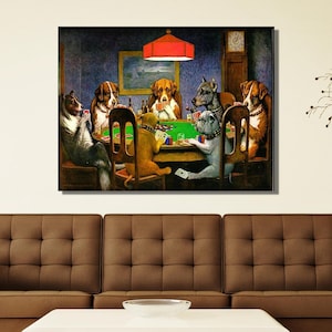 wydruk artystyczny na temat psów. Przyjaciel w potrzebie autorstwa C.M.Coolidge Poker Psy grają w karty przy stole Płótno Ściana Oprawiony plakat Ściana Psy bawią się Malarstwo SZTUKA