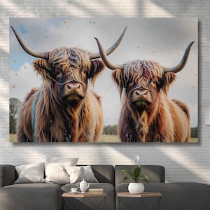 Scottish Highland Cow Painting canvas print Farmhouse art Cattle Wooden background Country wall art Cow Rustic wall art Christmas Gift