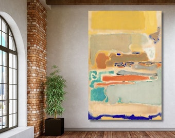 Puede incluir: Pintura abstracta con bandas horizontales de amarillo, naranja, azul, verde y gris. La pintura tiene una superficie texturizada y está enmarcada.