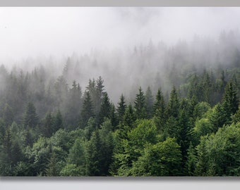 Lienzo grande con niebla sobre montañas, arte para el hogar, árboles, naturaleza, bosque, decoración de pared, lienzo con árboles, bosque, niebla, póster, impresión, regalo para el Día de la Madre