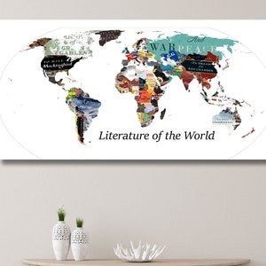 Art mural en toile, carte du monde de la littérature, carte de la littérature pour l'école, affiche littéraire, art de la littérature, impression littéraire, cadeaux littéraires, cadeau pour amoureux des livres