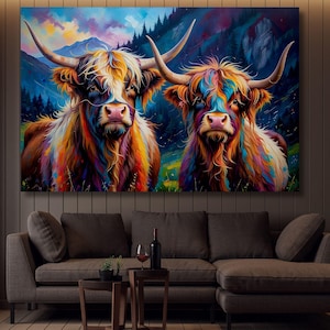 Scottish Highland Cow Painting canvas print Farmhouse art Cattle Wooden background Country wall art Cow Rustic wall art Christmas Gift