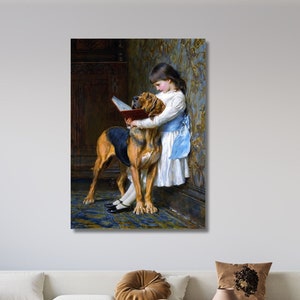 May include: A young girl in a blue dress sits with a brown and black Bloodhound dog. The girl is reading a book to the dog. The painting is set in a room with a patterned wallpaper.
