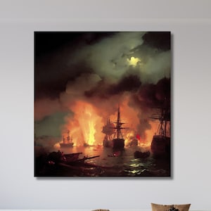 May include: A painting depicting a naval battle at night. The scene is lit by the flames of burning ships and the moon. Several ships are visible, some of which are on fire. The sky is dark and cloudy.