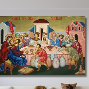 Christian Canvas Wall Art The Wedding at Cana icon, Orthodox Icon Jesus at Cana Wedding, Christian Icon, Catholic Print, Religious Wood Icon