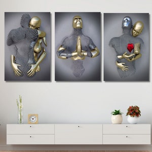 Set of 3 Love Heart Grey Print , Canvas 3D Effect, Love Heart Wall Art, Hugging Couple Painting , Canvas Love Heart Art, Silver Wall Design
