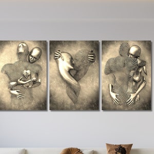 Set of 3 Gold and Silver Canvas, Canvas 3D Effect Art, Heart Wall Art, Hugging Couple Painting, Gift for Lover, Canvas or Poster, Home Gift