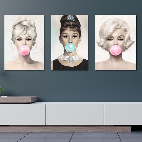 3er Set Lady Bubble Gum Poster, Blowing Bubble Gum Art, Brigitte Bardot, Audrey Hepburn, Bubble Gum Leinwand, Leinwand Wand Kunst