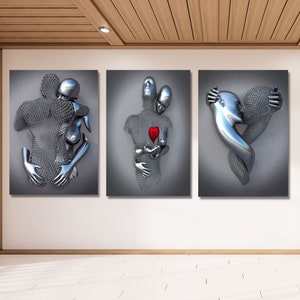 Set of 3 Love Heart Grey Print , Canvas 3D Effect, Love Heart Wall Art, Hugging Couple Painting , Canvas Love Heart Art, Silver Wall Design