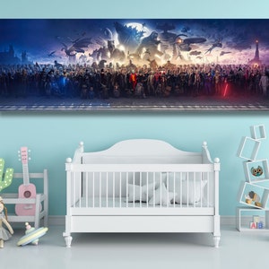 Panorama cinematografico su tela, stampa su tela di un panorama artistico di Blockbuster, panorama di 150 personaggi di film di successo, regalo accattivante per gli appassionati di cinema.