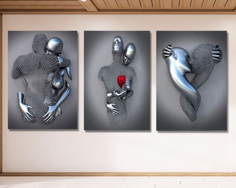 Set van 3 liefde hart grijze print, canvas 3D-effect, liefde hart muur kunst, knuffelen paar schilderij, canvas liefde hart kunst, zilveren muurontwerp