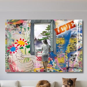 Banksy Love Wall Art Print,Banksy Dali Poster Wall Art Print,Graffiti Canvas Art,Living Kids Room Decor,Modern Wall  Decor Japonece Love Art