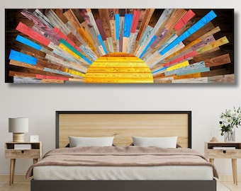 Panoramic Sunrise Wood Wall Art Above Bed Decor Canvas Wooden Long Sunshine Bedroom Wall hanging setting sun rising sun Christmas Gift