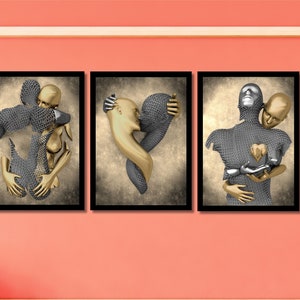 Set of 3 Love Heart Grey Print , Canvas 3D Effect, Love Heart Wall Art, Hugging Couple Painting , Canvas Love Heart Art, Silver Wall Design