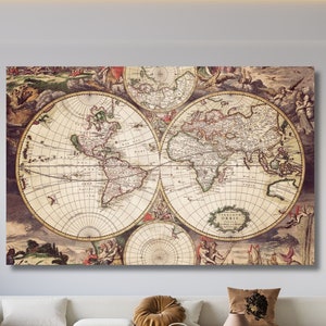 Mappa del mondo educativa vintage da parete, stampa su tela con mappa del mondo antico moderna e incorniciata, poster con mappa del mondo da soggiorno con puntine da disegno.