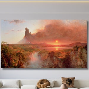 Peut inclure: Une peinture repr&eacute;sentant un coucher de soleil spectaculaire sur un paysage avec un volcan en &eacute;ruption au loin. Le ciel est d'un orange et d'un rouge vifs, avec des nuages qui projettent de longues ombres sur la terre. Le volcan crache de la fum&eacute;e et des cendres, cr&eacute;ant un sentiment d'&eacute;merveillement et de majest&eacute;.