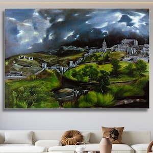 El Greco Canvas, View of Toledo Wall Art,Gloomy Landscape Canvas Reproduction Canvas, View of Toledo, El Greco Wall Art Christmas Gift