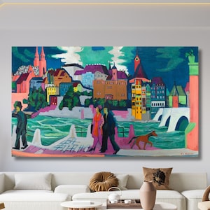 View of Basel and the Rhine by Ernst LUdwig Kirchner Exhibition Canvas Wall Art Artwork art Ernst Ludwig Kirchner Poster Ready to Hang ART