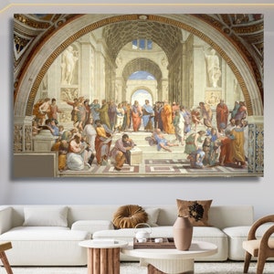 Stampa artistica di Raffaello La scuola di Atene, arte rinascimentale, design di tela da parete di Raffaello Sanzio da Urbino, stampa su tela, arte murale di Atene