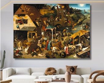May include: A detailed oil painting depicting a bustling medieval village scene with many figures, animals, and buildings. The painting is full of intricate details and symbolism, with a focus on the everyday life of the people.
