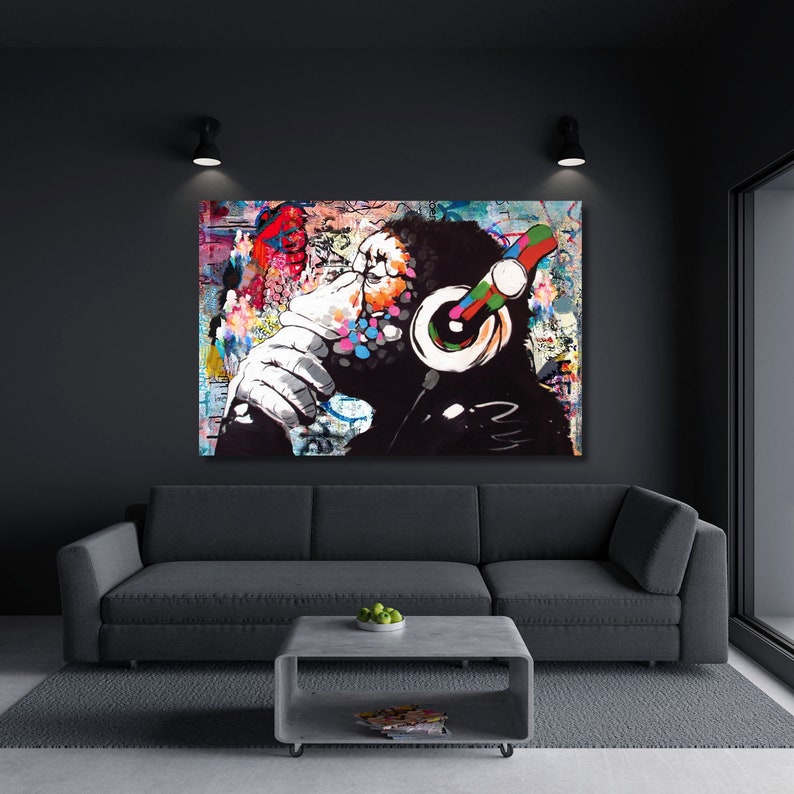 Banksy DJ Affe Regenleinwand Druck - Farbige Wandkunst, Gorilla Motiv | Auf Leinwand, Verschiedene Größen