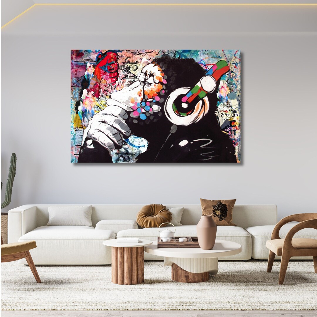 Banksy DJ Affe Regenleinwand Druck - Farbige Wandkunst, Gorilla Motiv | Auf Leinwand, Verschiedene Größen