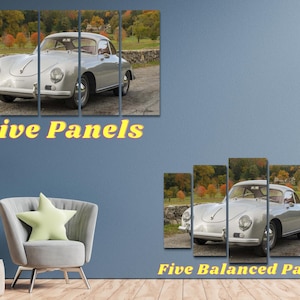 May include: Five-panel canvas print featuring a silver Porsche 356 in a scenic autumn setting. The car is positioned in the center of the print, with the surrounding landscape visible on the side panels. The text "Five Panels" is displayed below the image.