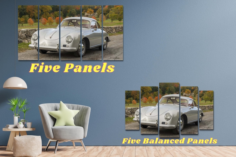 May include: Five-panel canvas print featuring a silver Porsche 356 in a scenic autumn setting. The car is positioned in the center of the print, with the surrounding landscape visible on the side panels. The text "Five Panels" is displayed below the image.