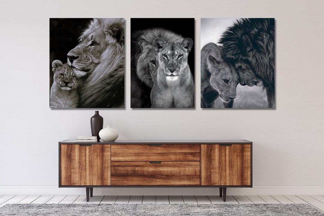 Lion Family Canvas Print Set: Black and White Savannah Wall Art Mother ...