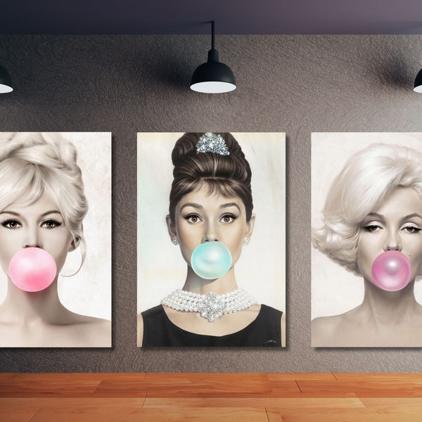 3er-Set Leinwandkunst Audrey Hepburn Marilyn Monroe Bubble Gum Pop Art, schickes, fertig zum Aufhängen, Leinwanddruck, Muttertagsgeschenk