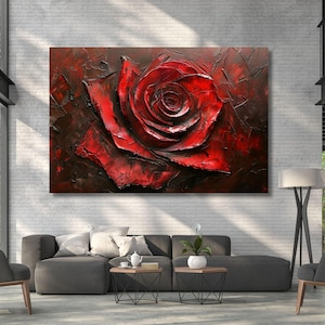Pintura al óleo de rosa roja sobre lienzo, arte de pared de rosa roja, pintura de rosa roja en la rama, impresión de rosa roja, panel de rosa, decoración de pared de verano de rosa roja