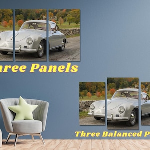 Peut inclure: Une impression sur toile en trois panneaux repr&eacute;sentant une Porsche 356 argent&eacute;e dans un d&eacute;cor automnal. La voiture est plac&eacute;e sur le panneau central, les panneaux gauche et droit montrant le paysage environnant.