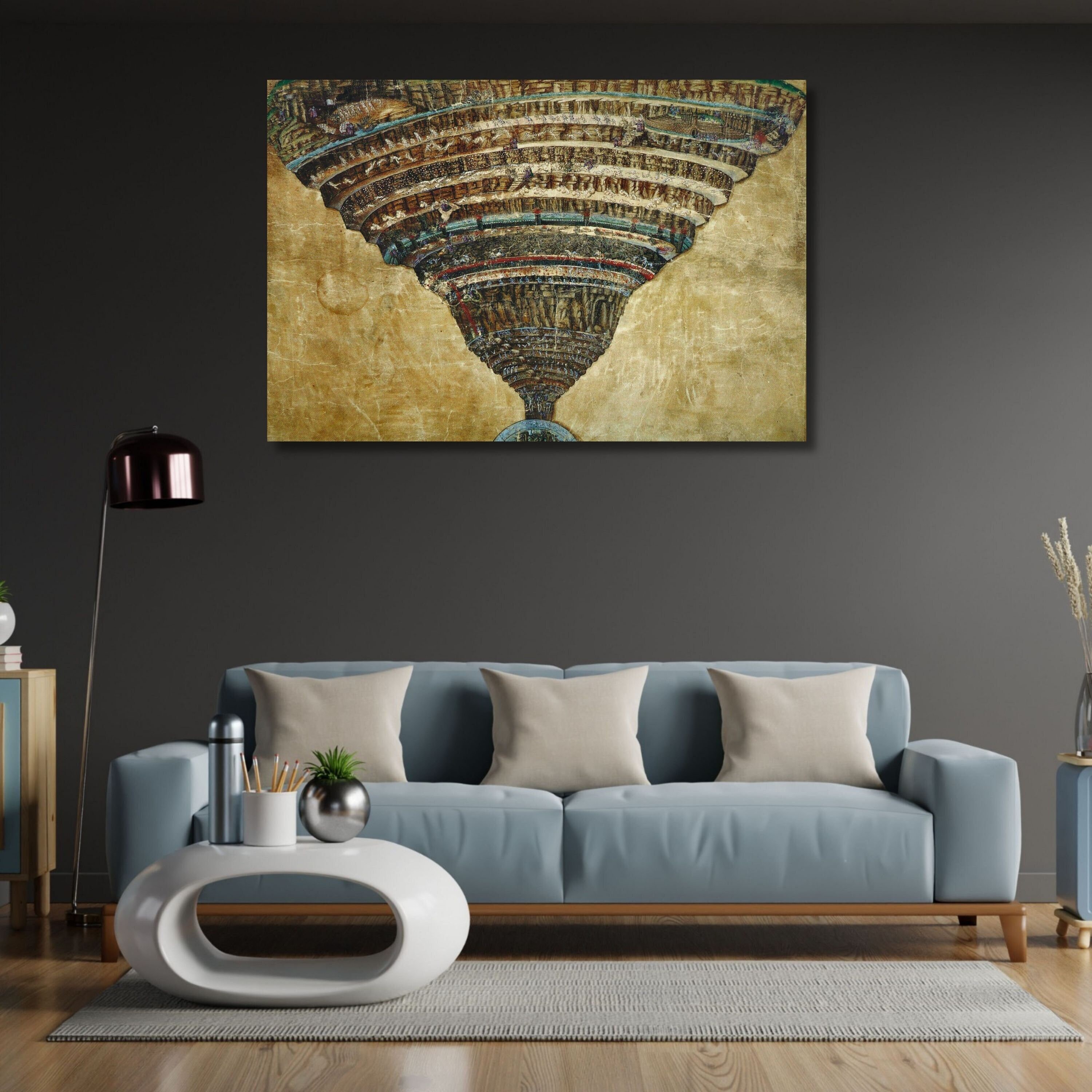Map of Hell Canvas 1485 Print, Divine Comedy Illustration, Italian