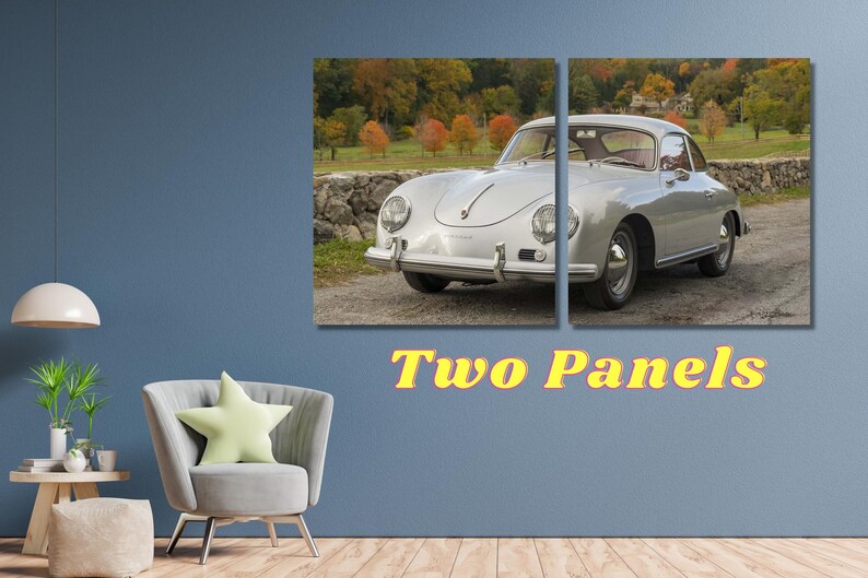 May include: A silver Porsche 356A coupe with a black interior, parked in front of a stone wall and a fall foliage background. The car is split into two panels, with the left panel showing the front of the car and the right panel showing the side of the car.