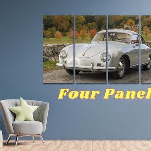 May include: A four-panel canvas print featuring a silver vintage Porsche 356, parked on a paved road with a backdrop of autumn foliage.