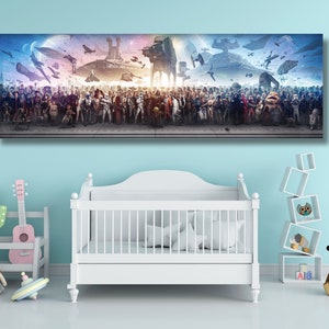 Panorama cinematografico su tela, stampa su tela di un panorama artistico di Blockbuster, panorama di 150 personaggi di film di successo, regalo accattivante per gli appassionati di cinema.